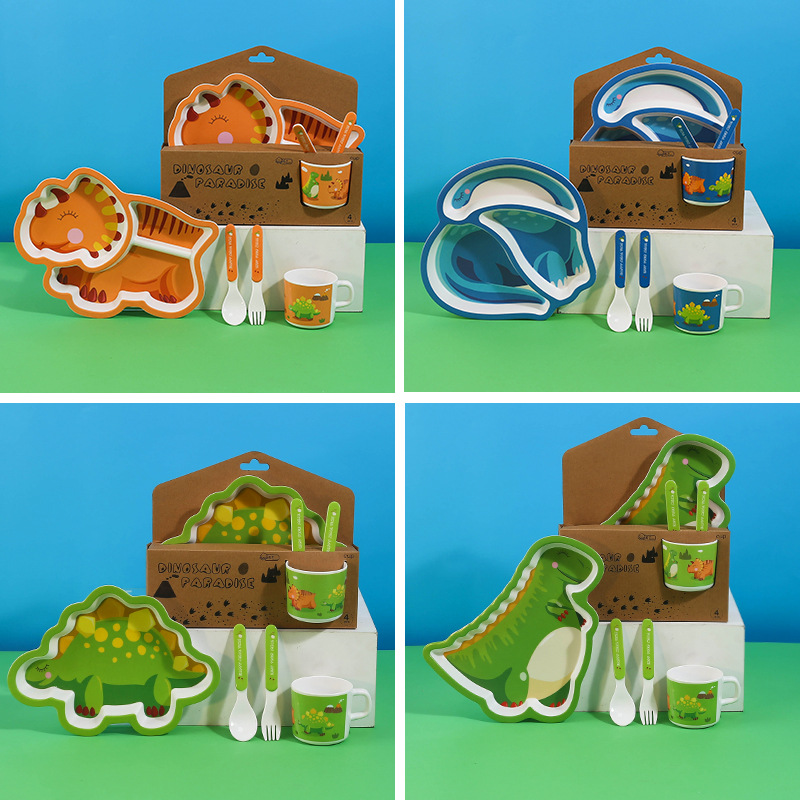 Bộ đồ ăn trẻ em bằng sợi tre hình khủng long hoạt hình dễ thương | Khay 3 ngăn, thìa, dĩa, cốc