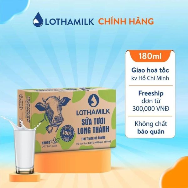 SỮA TƯƠI TIỆT TRÙNG LONG THÀNH CÓ ĐƯỜNG 180ML (48H/THÙNG)