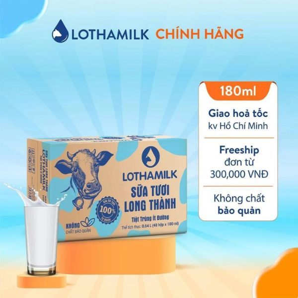 SỮA TƯƠI TIỆT TRÙNG LONG THÀNH ÍT ĐƯỜNG 180ML (48H/THÙNG)